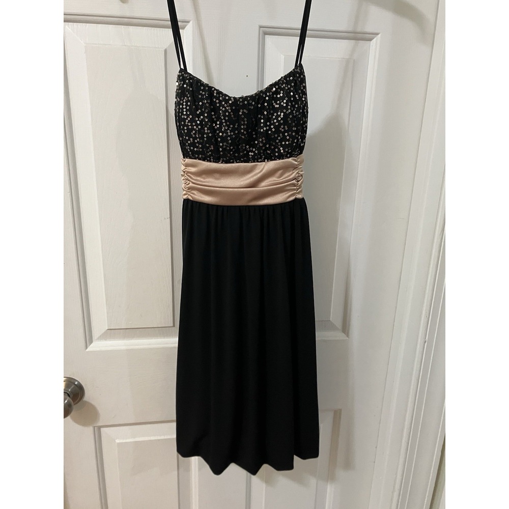 Y2K Byer Formal Black Gold Strappy Cocktail  Short Party  Dress Sequined Bodice